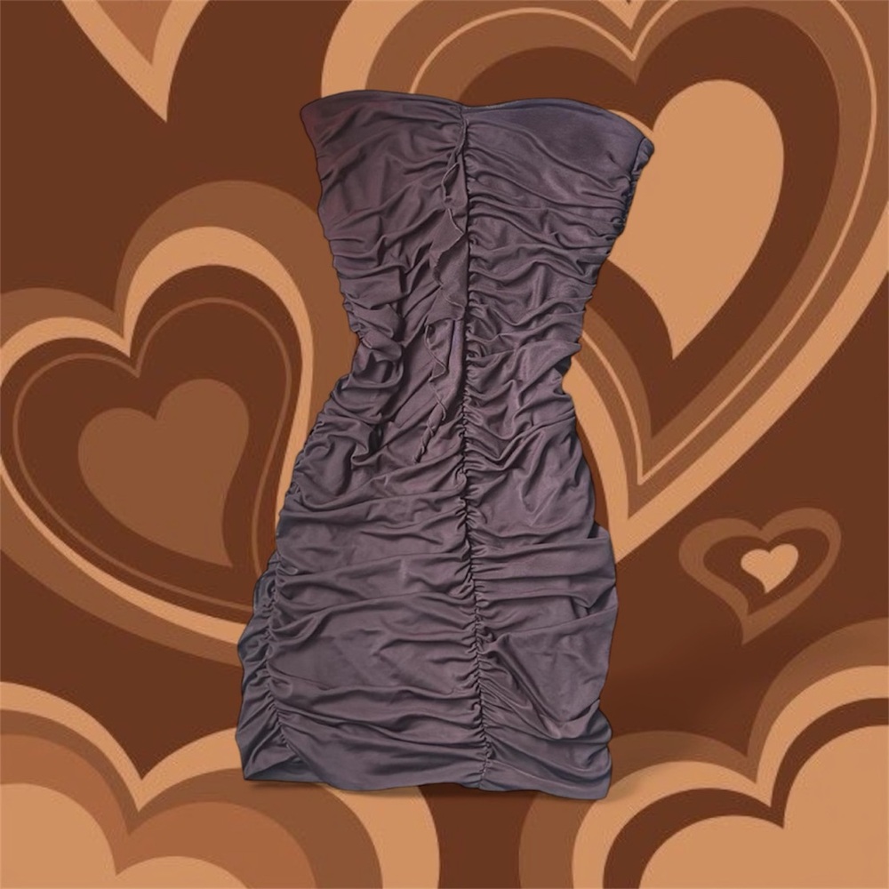 brown ruffled strapless bodycon dress